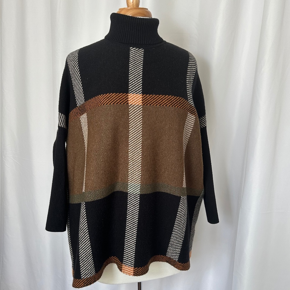 JOSEPH A CHOCOLATE COLORBLOCK TURTLENECK SWEATER - SMALL
